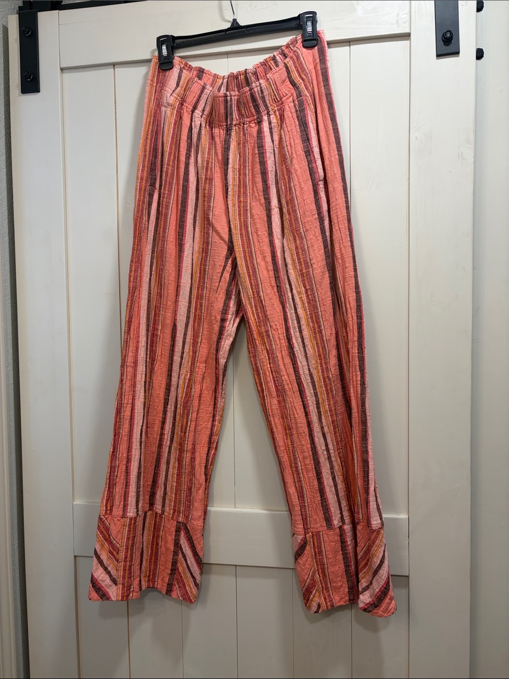 Free People Coral Pink Striped Elastic-Waist Wide Leg Pants